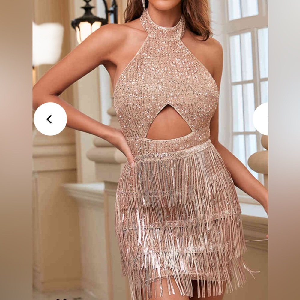 NWOT Halter Rose Gold Sequined Bodycon Party Dress with Tassel